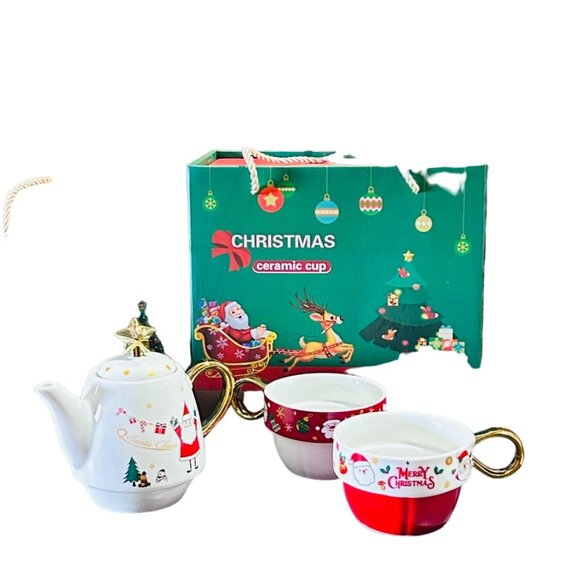 Christmas Tea Set With Teapot & Two Cups - Santa Claus Design Ceramic With Gold - Picture 5 of 11